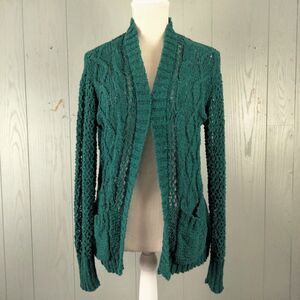 Y2K Fisherman Cardigan Sweater Small Green Crochet Open Front Cable Knit Granola